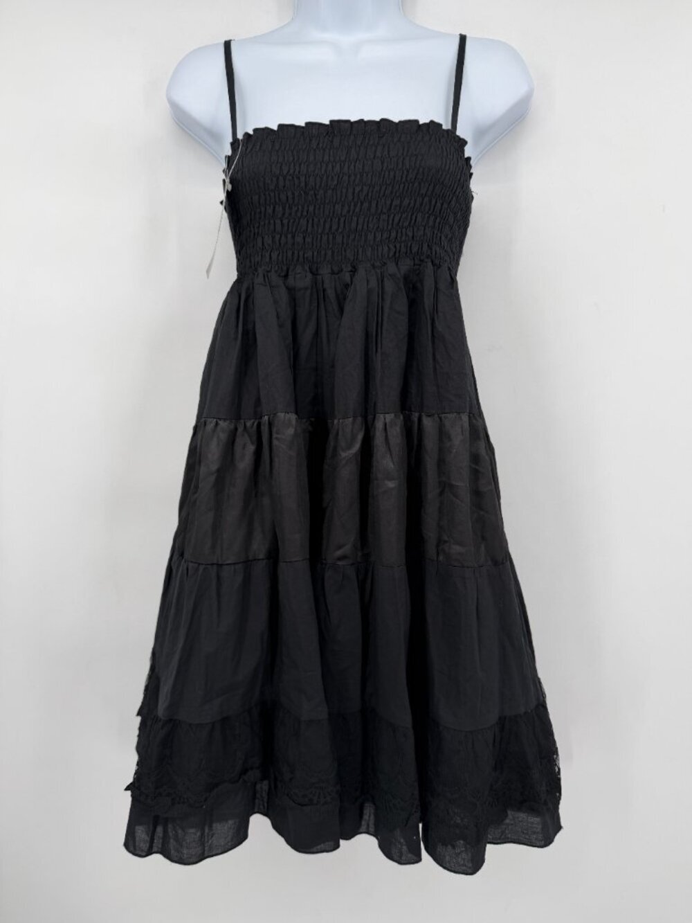 Zara Black Smocked Tiered Mini Dress Women's Size M Cotton Lace Hem Cottagecore